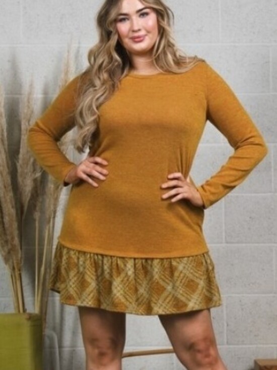 Veveret Dresses & Skirts - Plus-Size Mustard Long-Sleeve Ruffle-Hem Dress